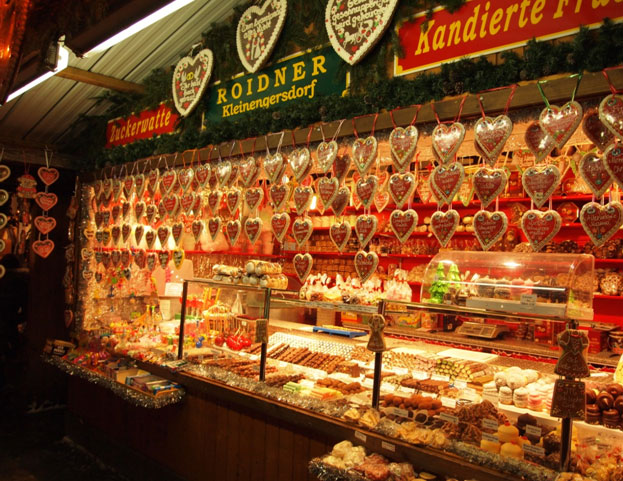 Image of a German Christmas Marekt stall selling Ginger Bread Hearts